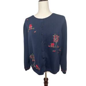 C.J. Banks Blue Hand Embroidered Button Front Cardigan Size 1X Fresh Apples 2005